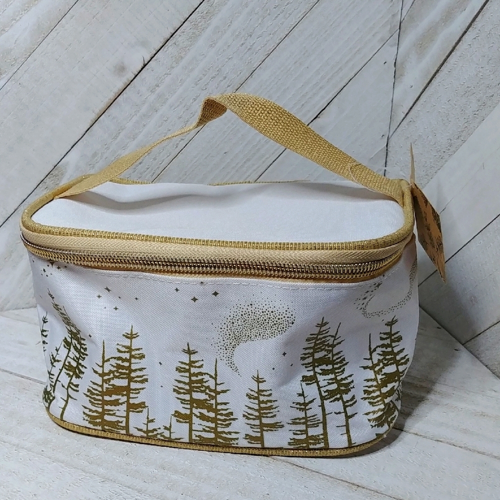 NWT La Gacilly France White & Gold Tree Print Train Case Cosmetic Bag